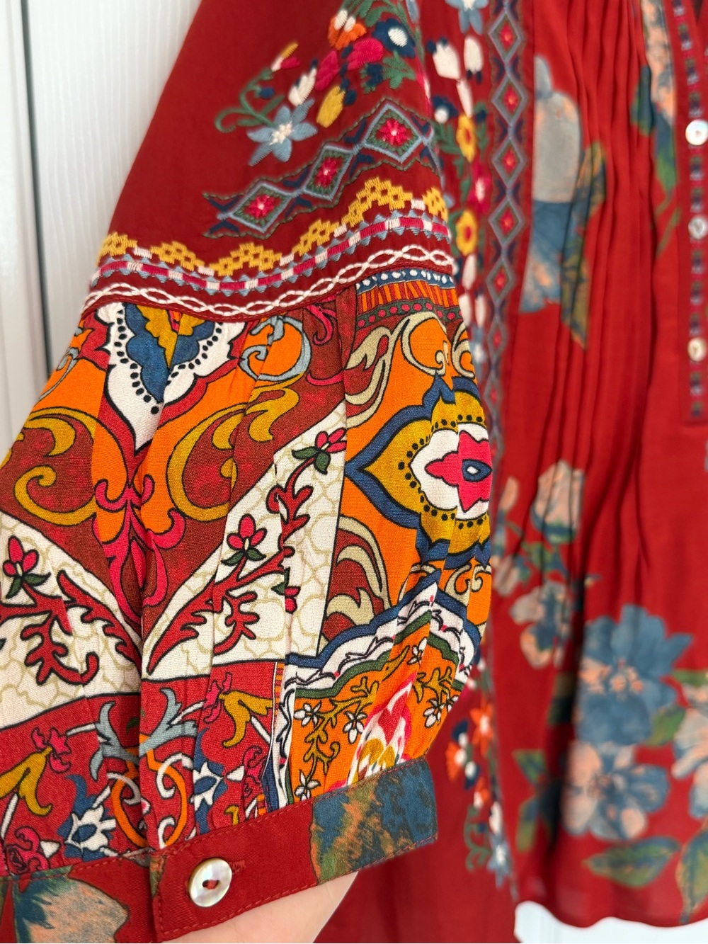 John Mark Embroidered Multi Patch Boho Tunic Blouse Dark Spice L - Picture 5 of 15